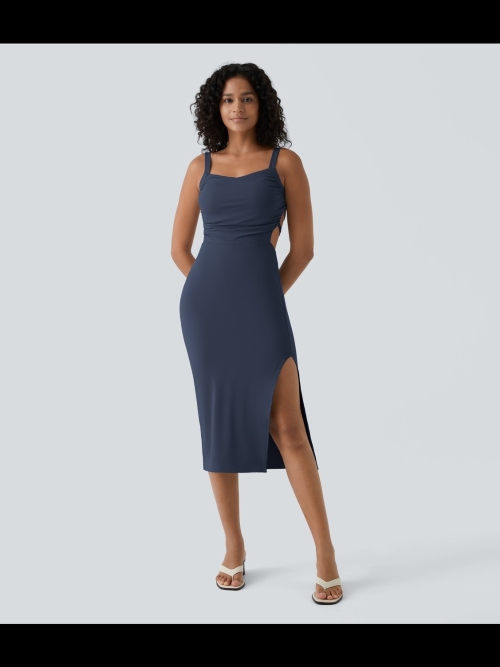HALARA Ruched Lace Up Bodycon Midi Casual Dress